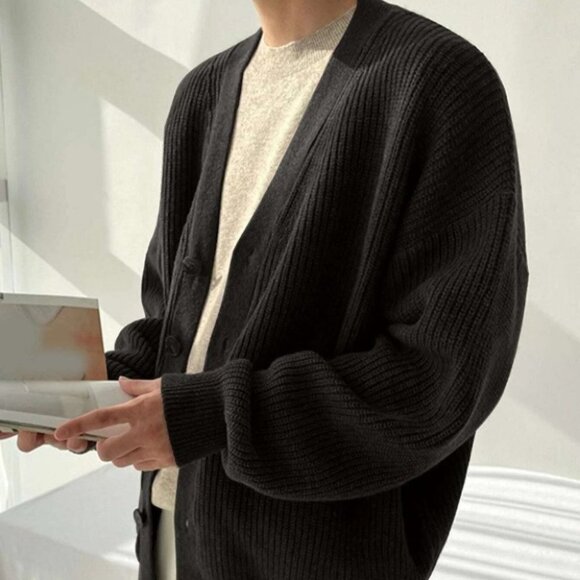 Black Mens Drop Shoulder Cardigan - Picture 3 of 4